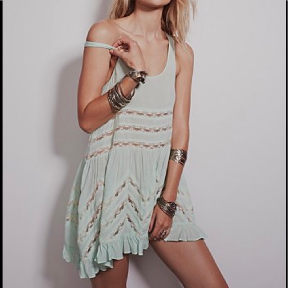 NWT Free People VOILE AND LACE TRAPEZE SLIP DRESS in Mint Green Size: S